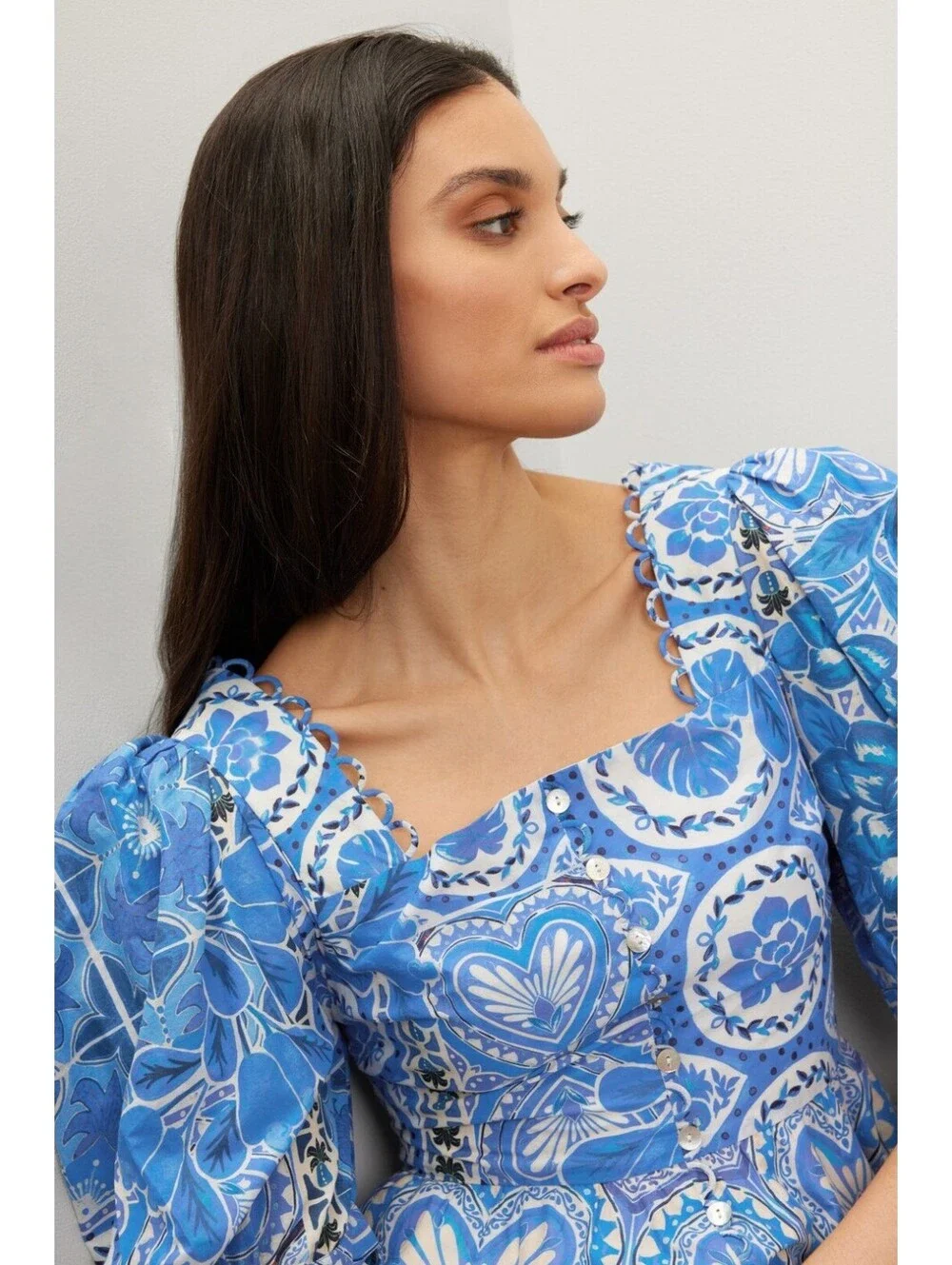 FARM Rio Blue Motif Puff Sleeve Peplum Top XL NWT